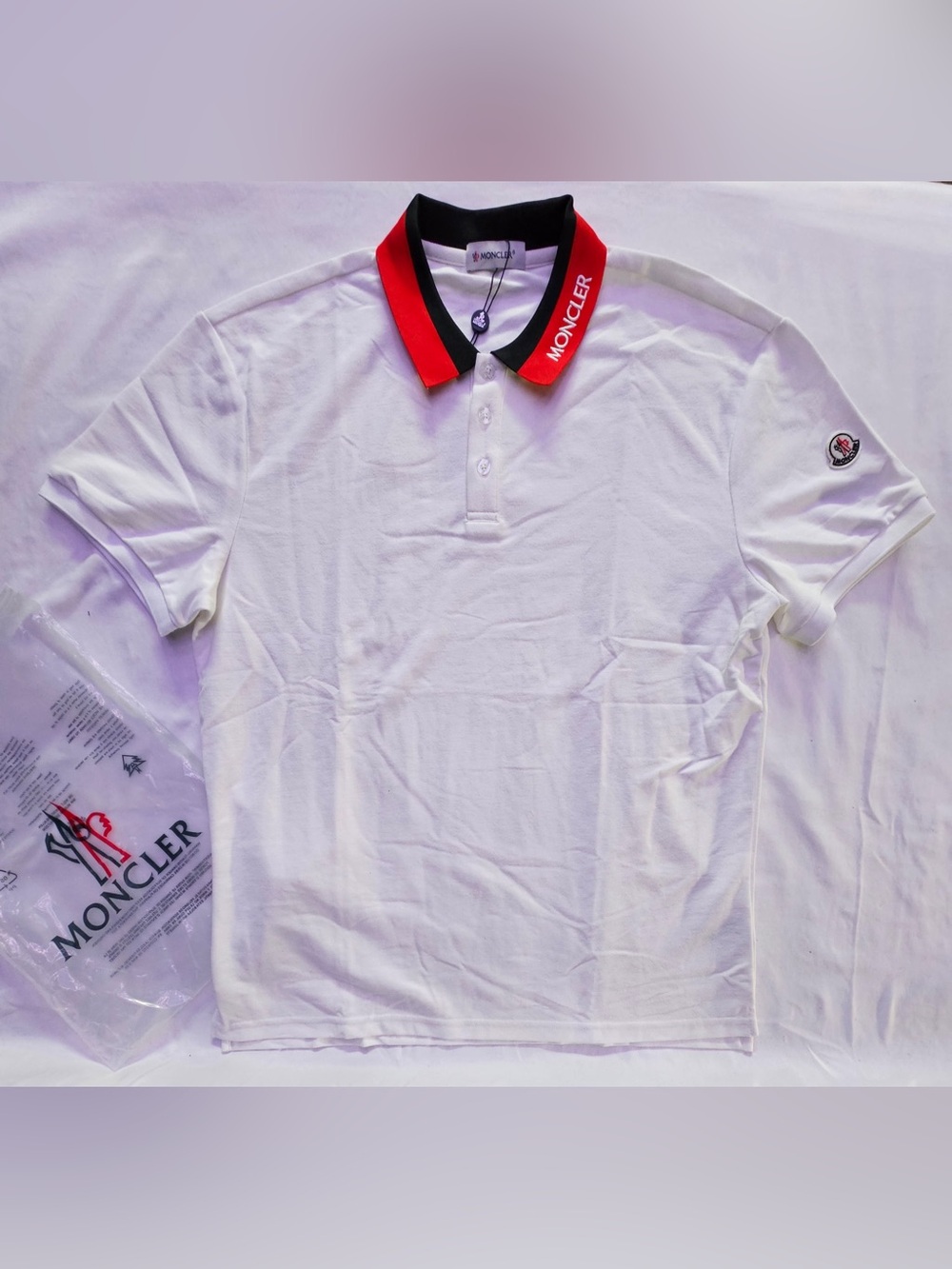 Moncler White Polo with Red & Black Contrast Collar